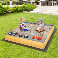 Wooden Sandbox Kids Sand Pit with Kitchen Playset Accessories for 3-8 Years Old