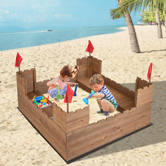 Kids Wooden Sandbox with Bottom Liner and Red Flags