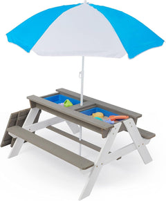 Wooden Kids Picnic Table, Sand and Water Table with Umbrella, Activity Table for Outdoor Backyard Patio Play