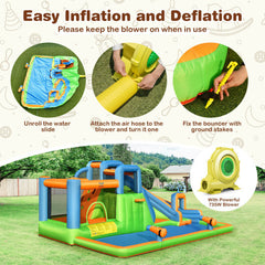 7-in-1 Inflatable Giant Water Park Bouncer with Dual Climbing Walls and 735W Blower