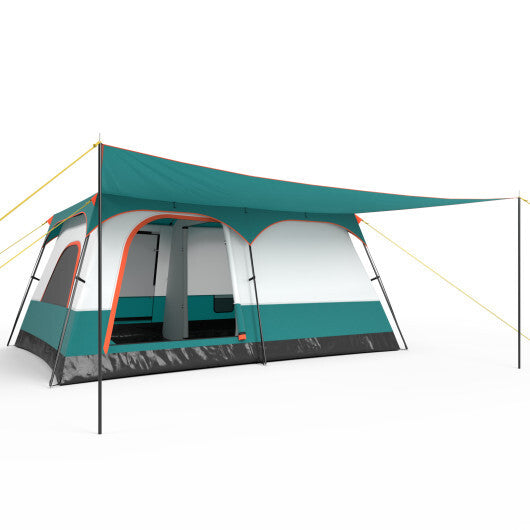 8-10 Person Camping Tent with Double Rooms and 2 Doors-Green - Color: Green