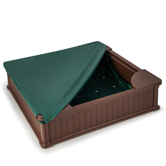 Kids Outdoor Sandbox with Oxford Cover and 4 Corner Seats-Brown - Color: Brown