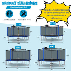 12/14/15/16 Feet Outdoor Recreational Trampoline with Enclosure Net-14 ft - Color: Black - Size: 14 ft